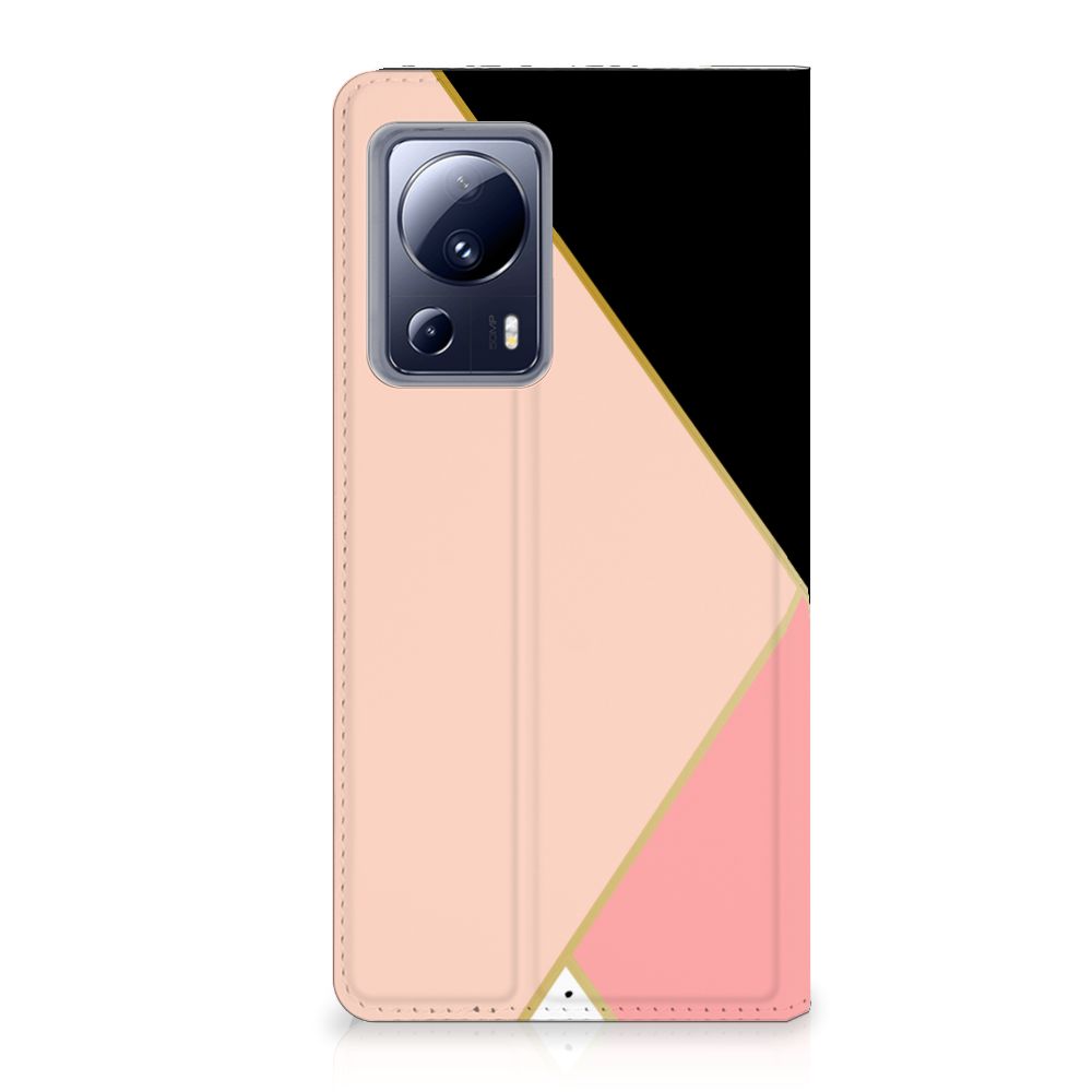 Xiaomi 13 Lite Stand Case Zwart Roze Vormen design aanzicht
