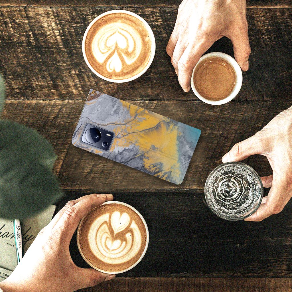 Xiaomi 13 Lite Standcase Marble Blue Gold designnaam aanzicht