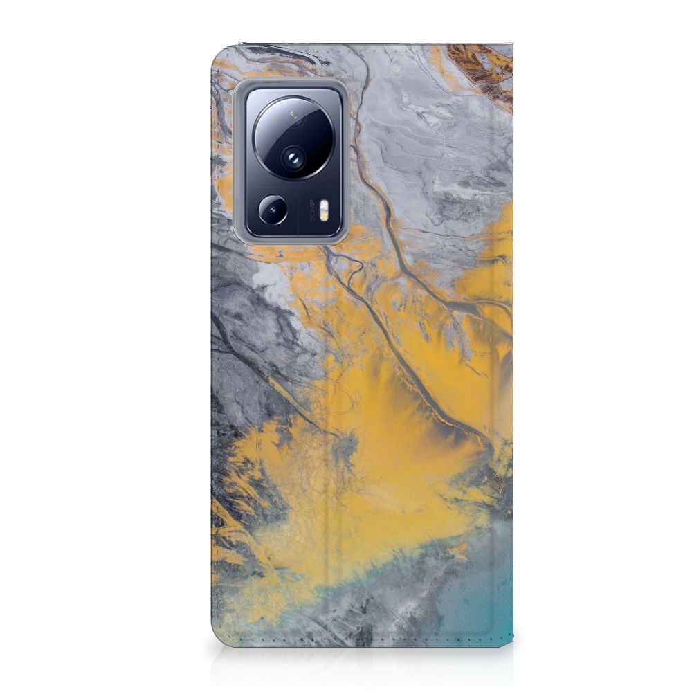 Xiaomi 13 Lite Standcase Marble Blue Gold hoesje marmer geel blauw voorkant