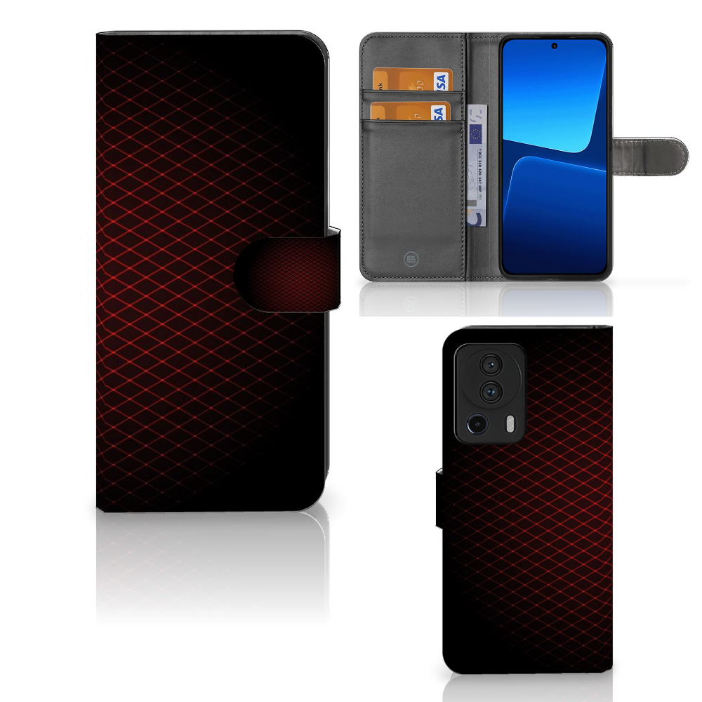 Xiaomi 13 Lite Telefoon Hoesje Geruit Rood met ruimte voor 3 pasjes en minimalistisch design.