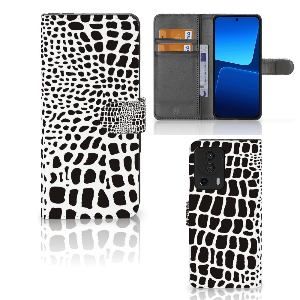 Xiaomi 13 Lite Telefoonhoesje met Pasjes Slangenprint slangenprint boekhoesje zwart wit voorkant zijaanzicht