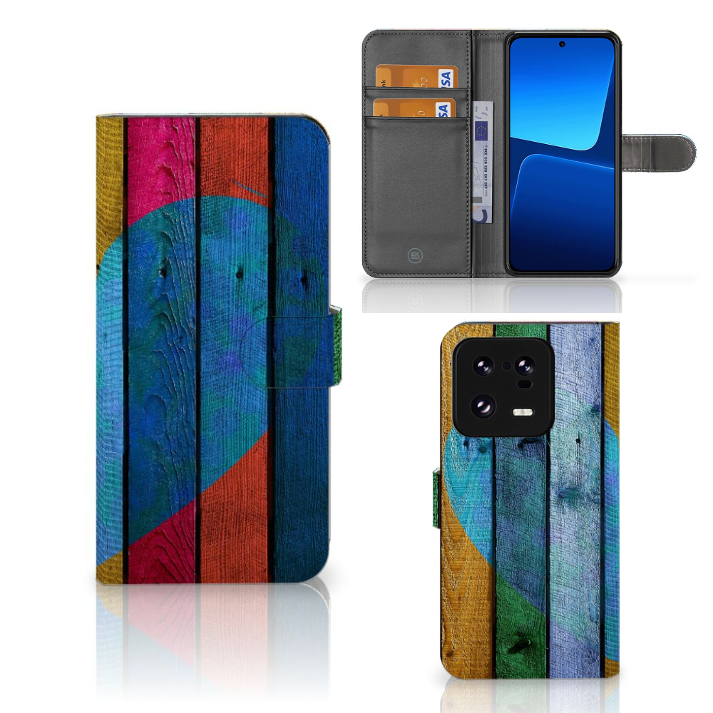 Xiaomi 13 Pro Book Style Case Wood Heart boekhoesje ontwerp hartje aanzicht