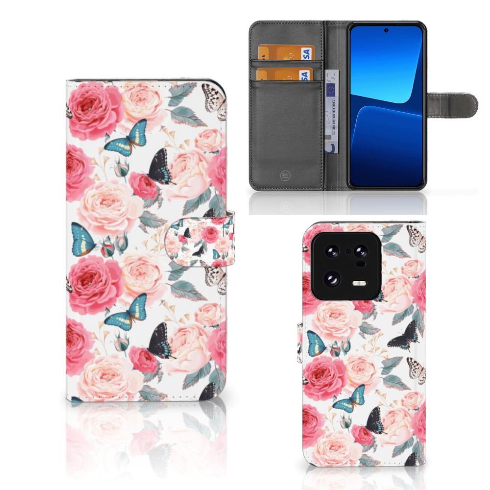 Xiaomi 13 Pro Hoesje Butterfly Roses telefoonhoesje vlinders rozen aanzicht