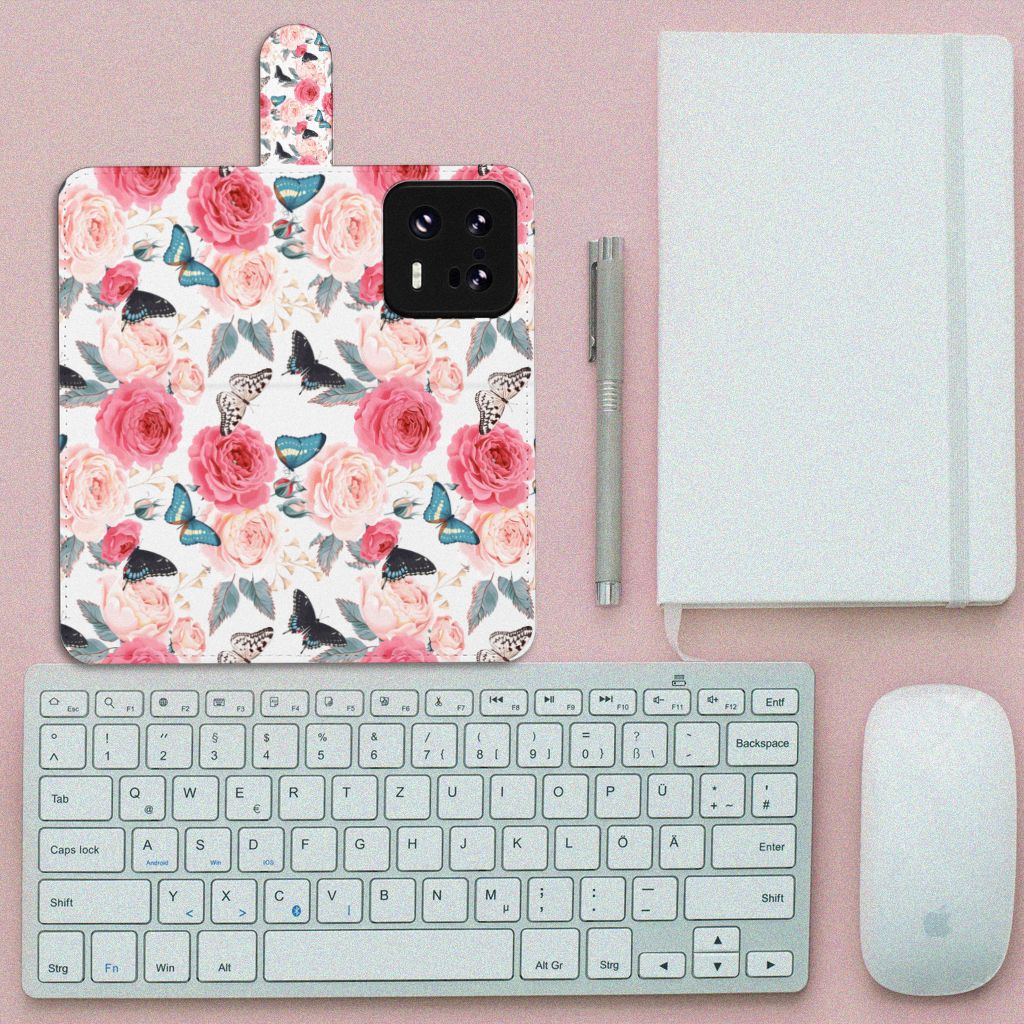 Xiaomi 13 Pro Hoesje Butterfly Roses boekhoesje bovenaanzicht