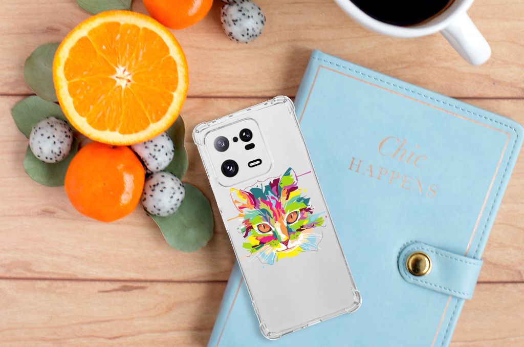 Xiaomi 13 Pro Stevig Bumper Hoesje Cat Color bovenaanzicht met fruit en notitieboek