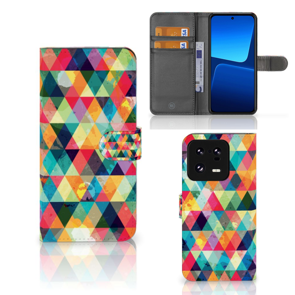 Xiaomi 13 Pro Telefoon Hoesje Geruit met kleurrijk ruitjesdesign, ruimte voor 3 pasjes en bescherming.