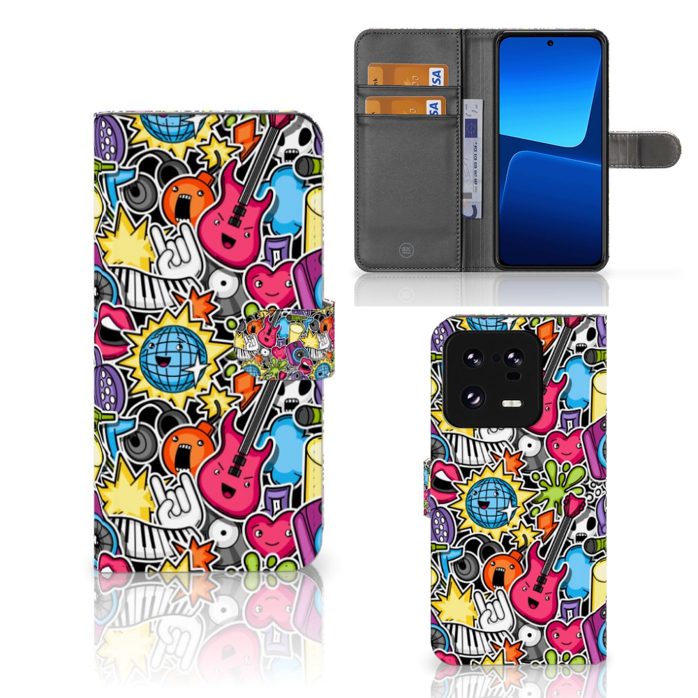 Xiaomi 13 Pro Wallet Case met Pasjes Punk Rock met kleurrijk ontwerp van gitaren en discoballen 🎸, biedt bescherming en stijl.