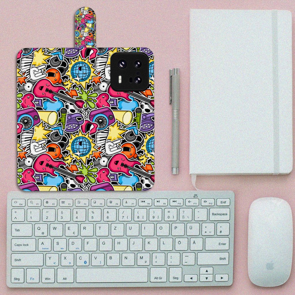 Xiaomi 13 Pro Wallet Case met Pasjes Punk Rock met kleurrijk ontwerp vol gitaren en discoballen. Perfect als cadeau!