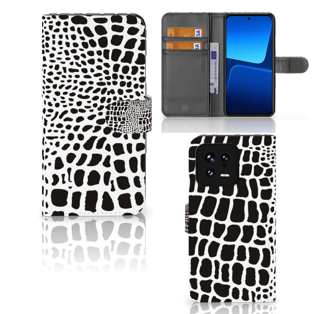 Xiaomi 13 Telefoonhoesje met Pasjes Slangenprint boekhoesje zwart wit voorkant achterkant aanzicht