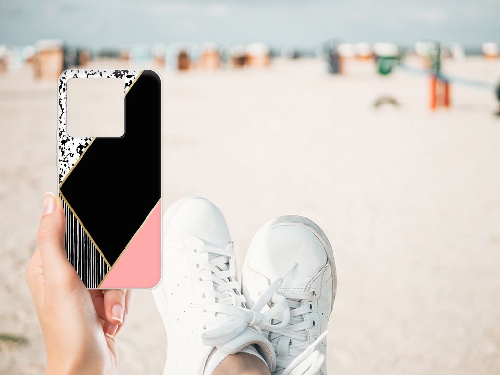 Xiaomi 13T TPU Hoesje Zwart Roze Vormen Design Aanzicht