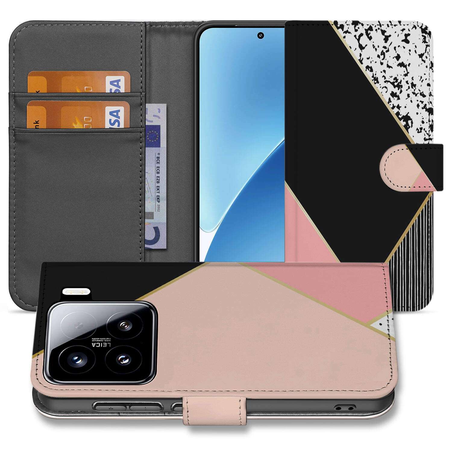 Xiaomi 15 Book Case Zwart Roze Vormen boekcase design zwart roze aanzicht