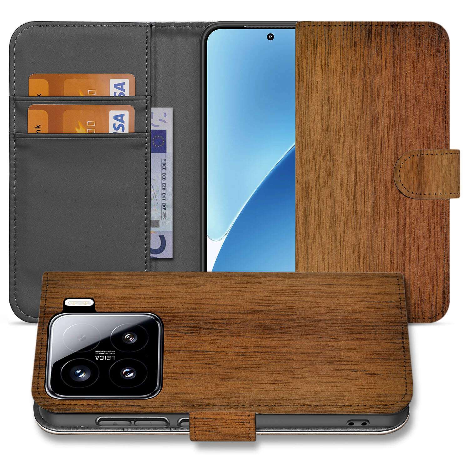 Xiaomi 15 Book Style Case Donker Hout book case houten voorkant binnenkant