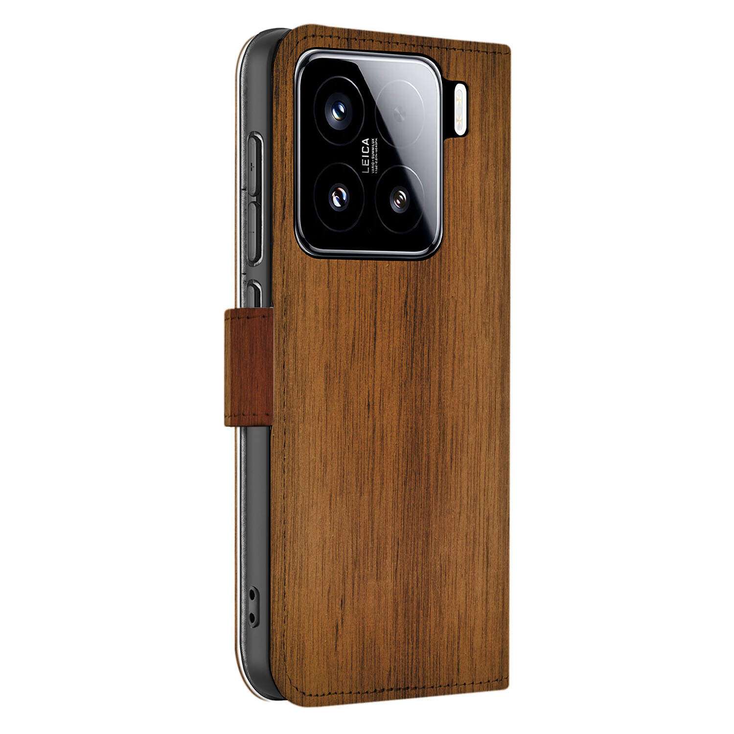 Xiaomi 15 Book Style Case Donker Hout telefoonhoesje houtlook zijkant