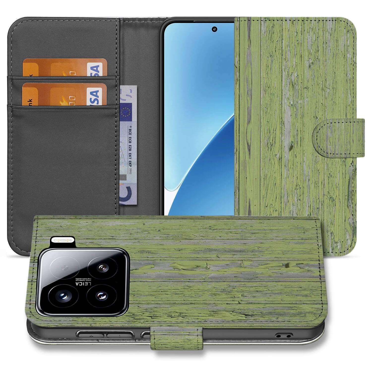 Xiaomi 15 Book Style Case Green Wood boek hoes groen hout voorkant achterkant