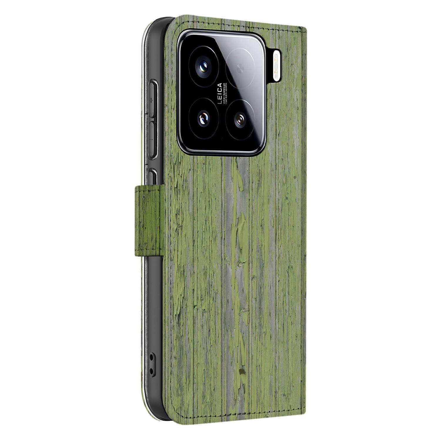 Xiaomi 15 Book Style Case Green Wood book case groen hout zijaanzicht