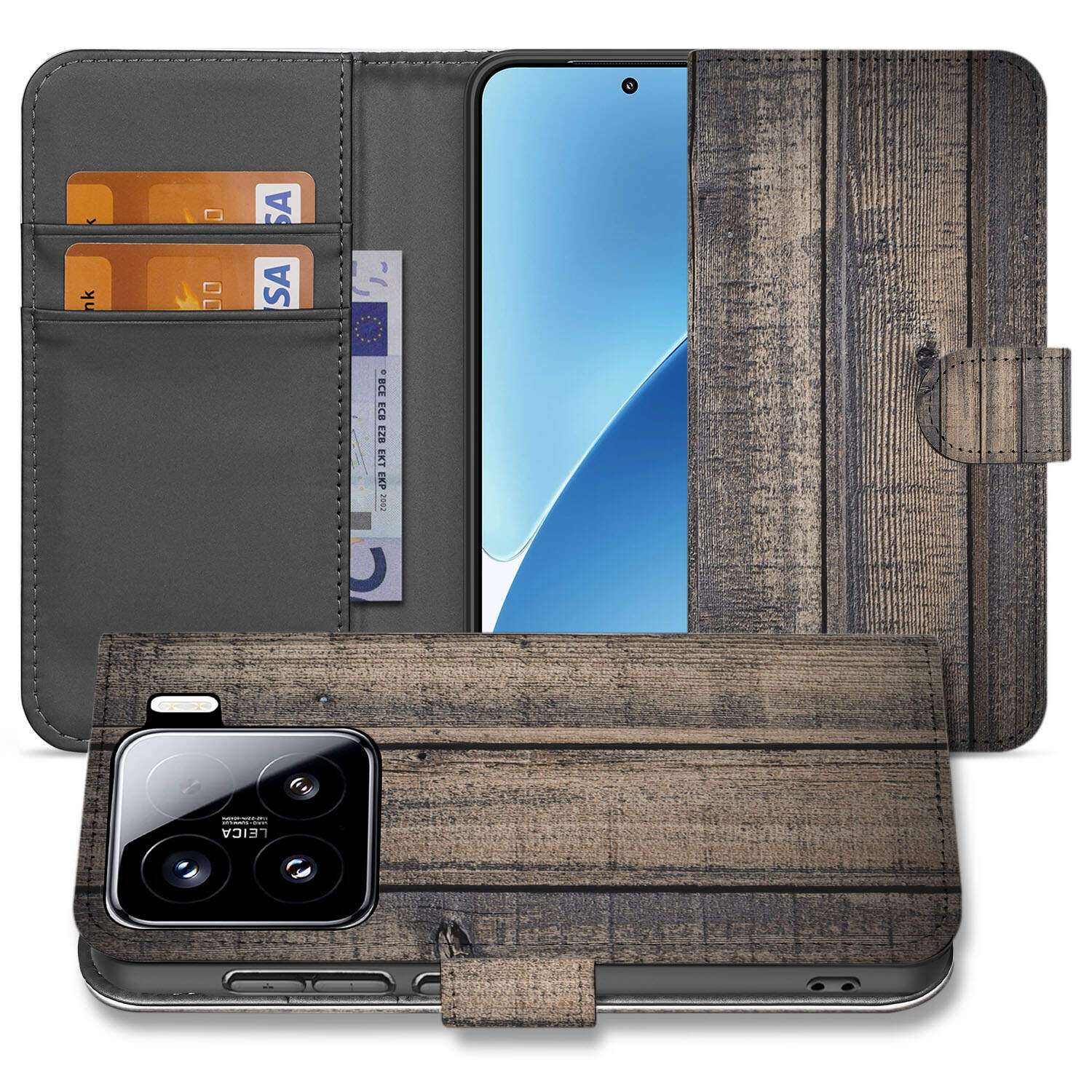 Xiaomi 15 Book Style Case Steigerhout boekhoes met schuin aanzicht met creditcardvakjes