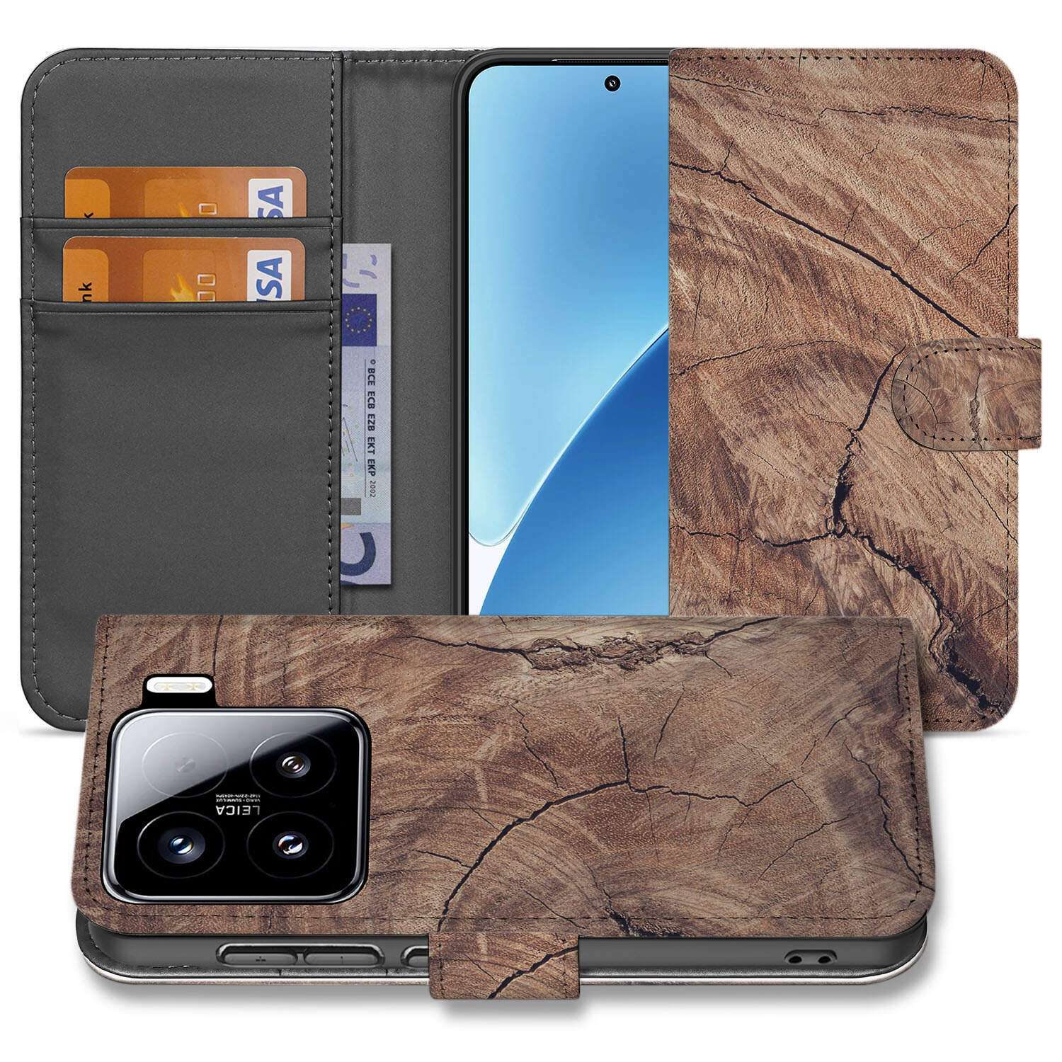 Xiaomi 15 Book Style Case Tree Trunk boekcase boomschors aanzicht