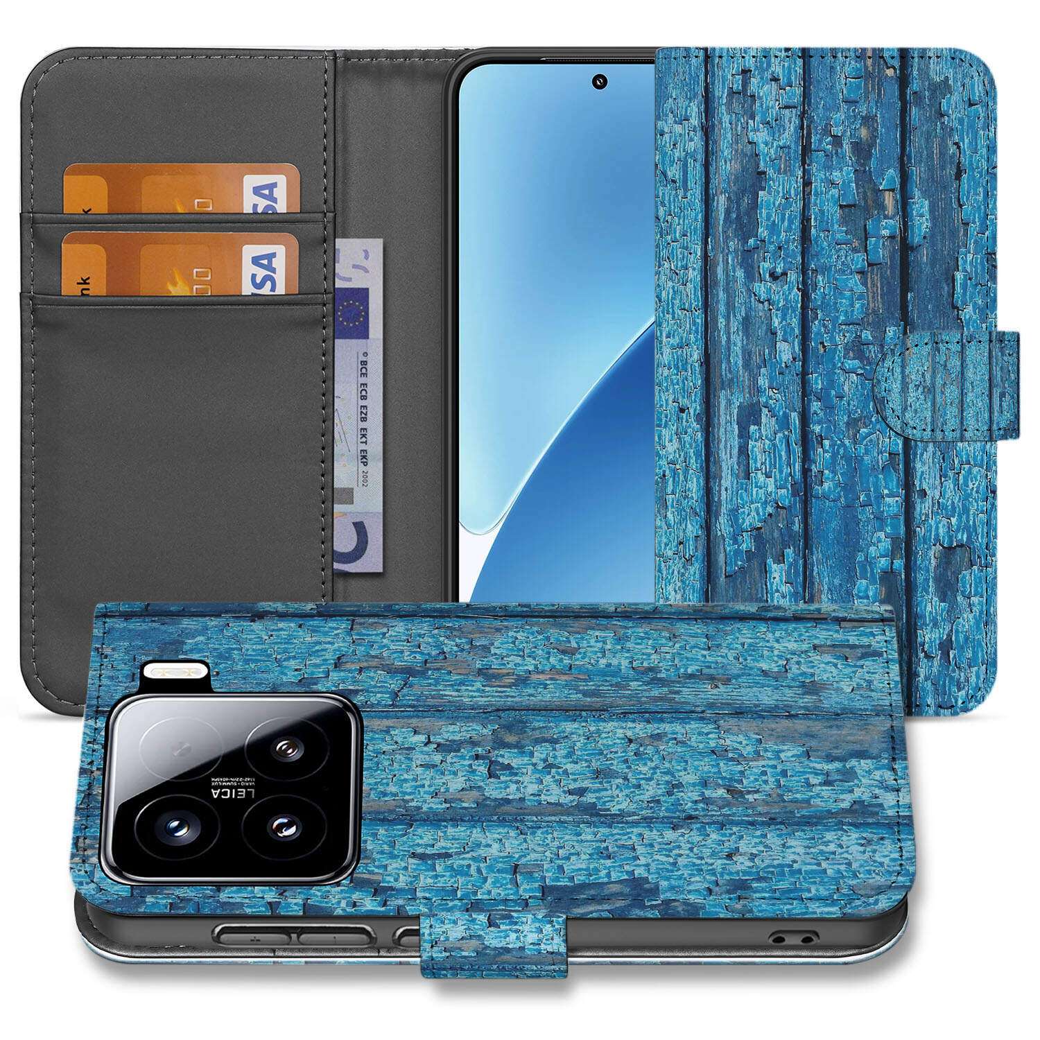 Xiaomi 15 Book Style Case Wood Blue boek case houten design blauwe tinten aanzicht