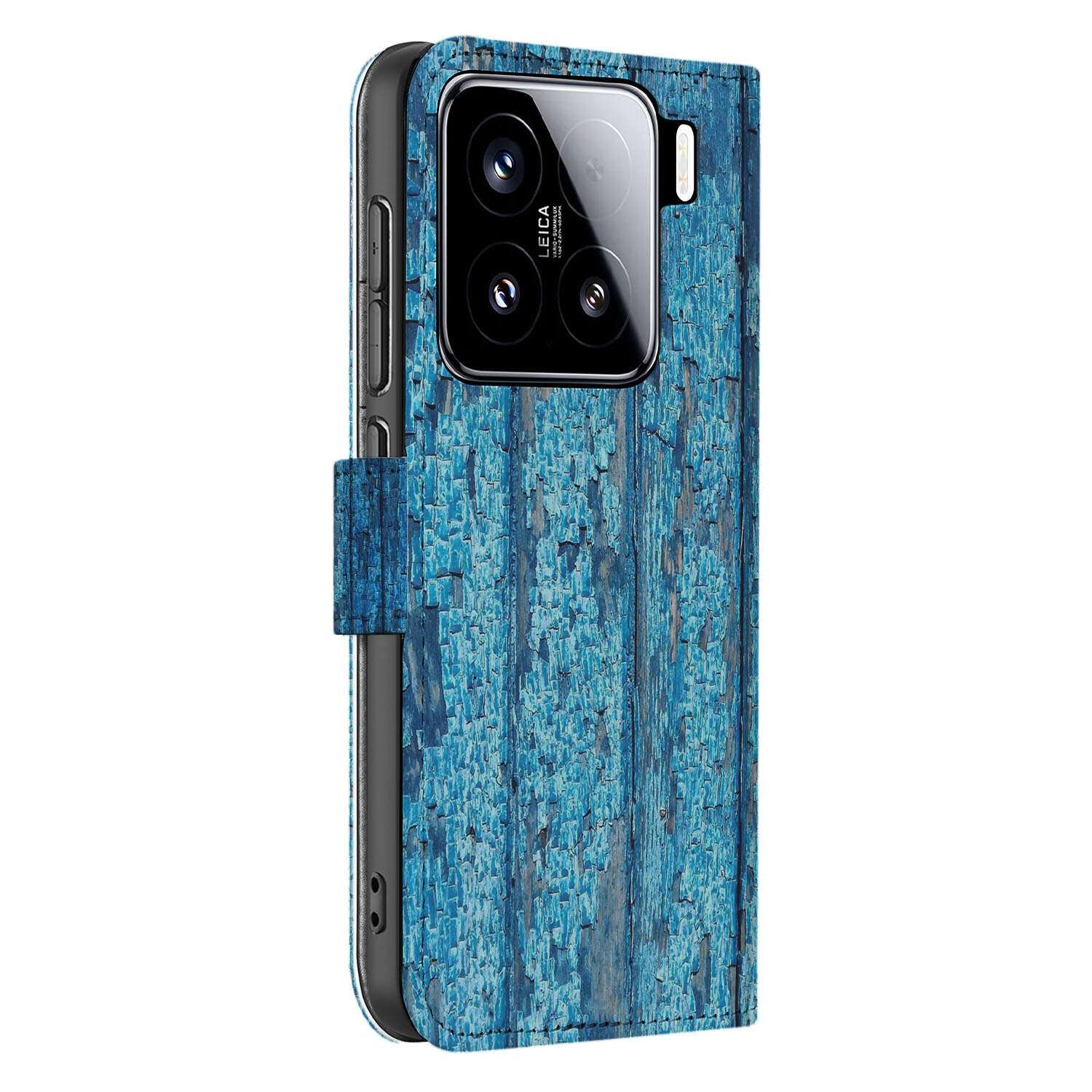 Xiaomi 15 Book Style Case Wood Blue zijkant blauw hout patroon