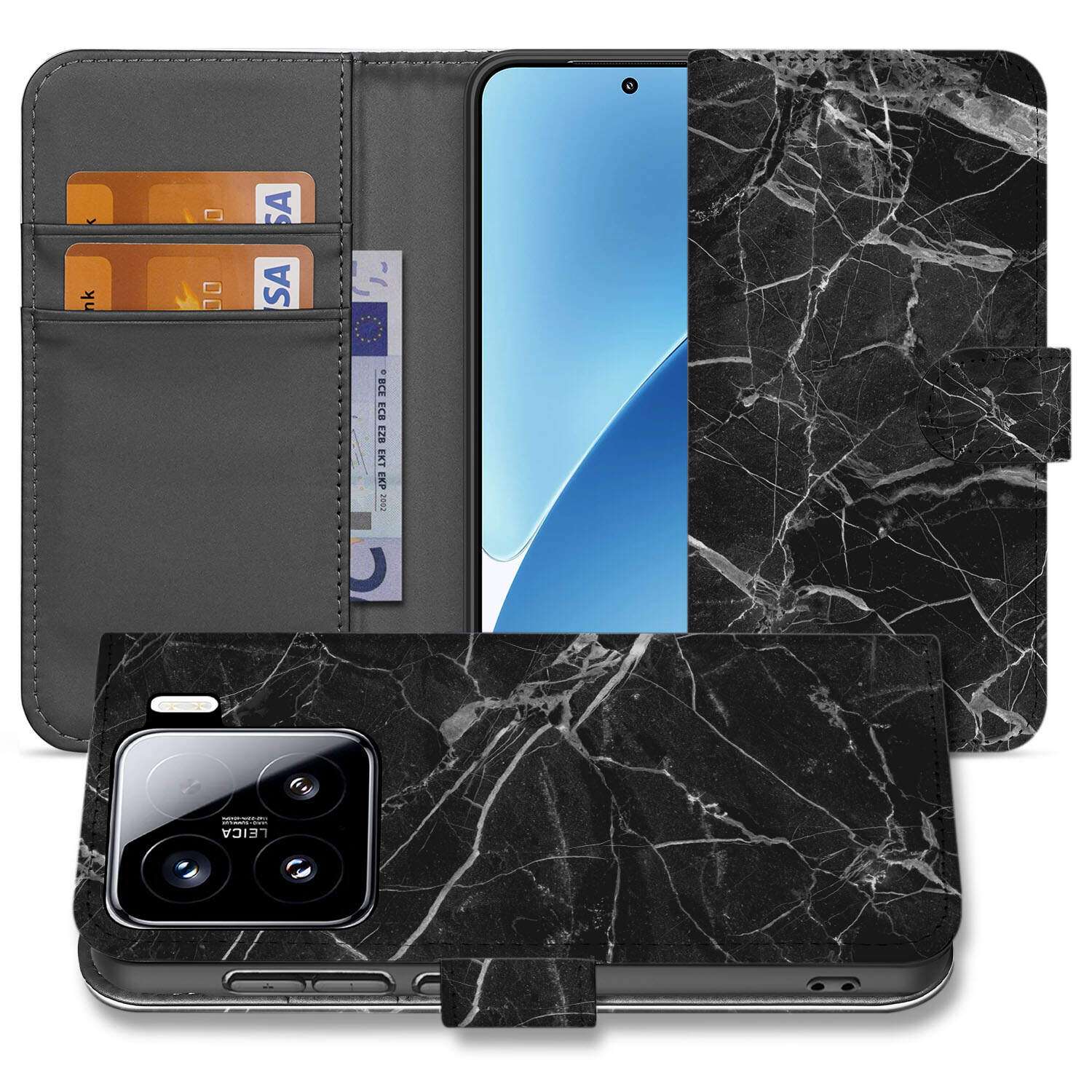 Xiaomi 15 Bookcase Marmer Zwart boek hoes zwart marmer aanzicht