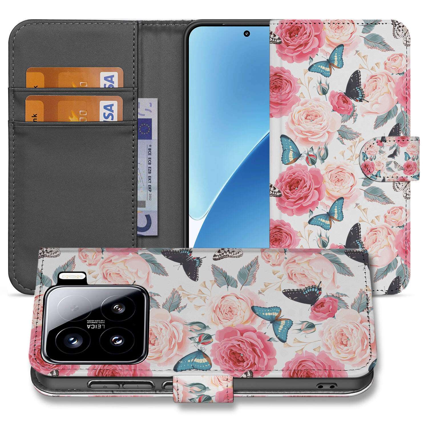 Xiaomi 15 Hoesje Butterfly Roses book case butterfly roses voorkant zijkant