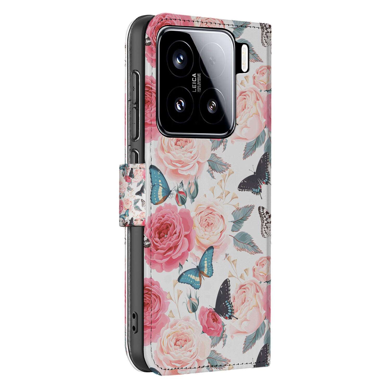 Xiaomi 15 Hoesje Butterfly Roses boekhoes betoverend aanzicht