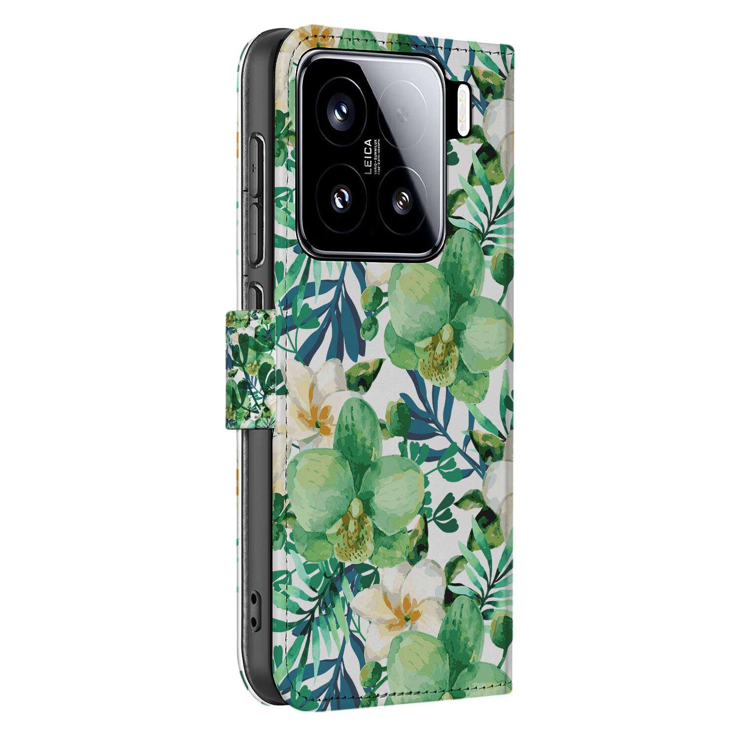 Xiaomi 15 Hoesje Orchidee Groen book case bloemen design zijaanzicht