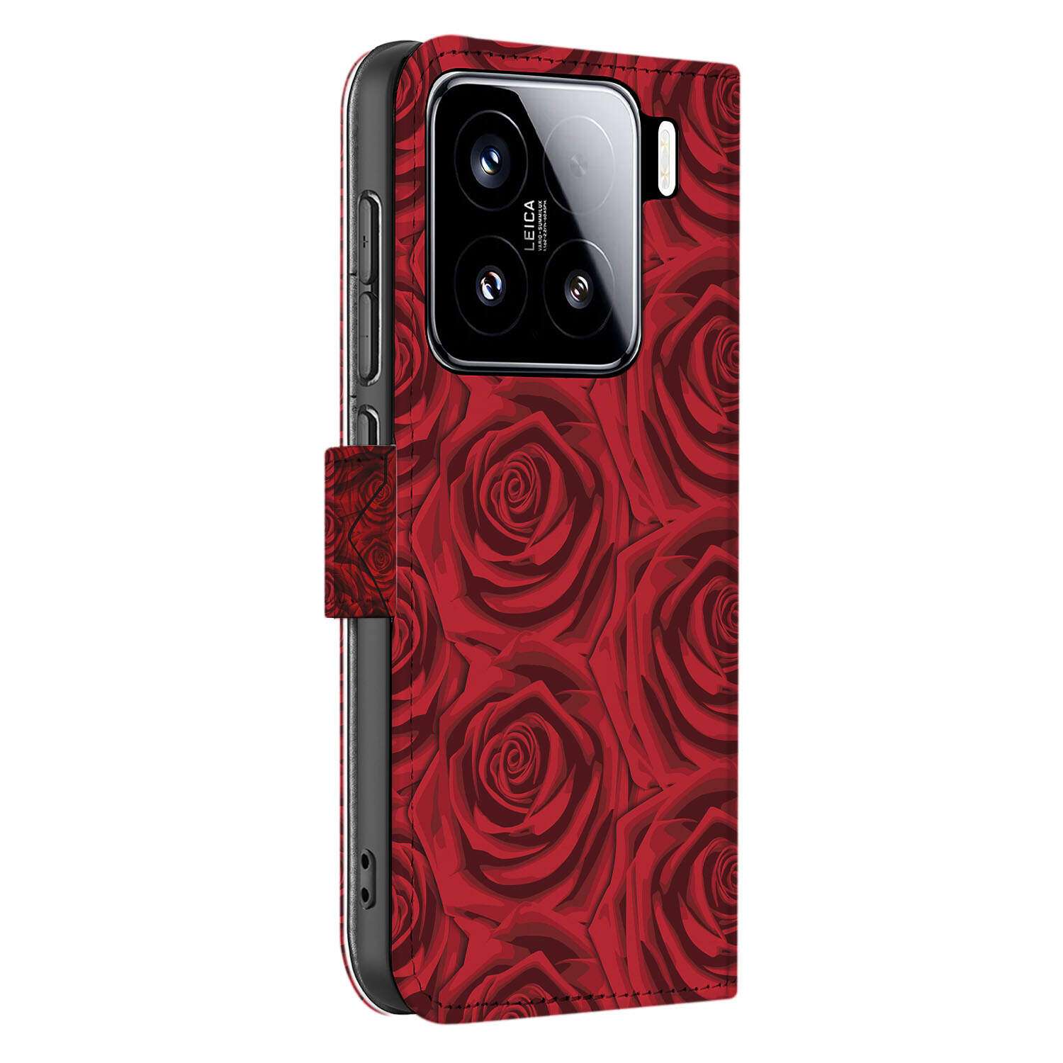 Xiaomi 15 Hoesje Red Roses book case red roses design zijkant