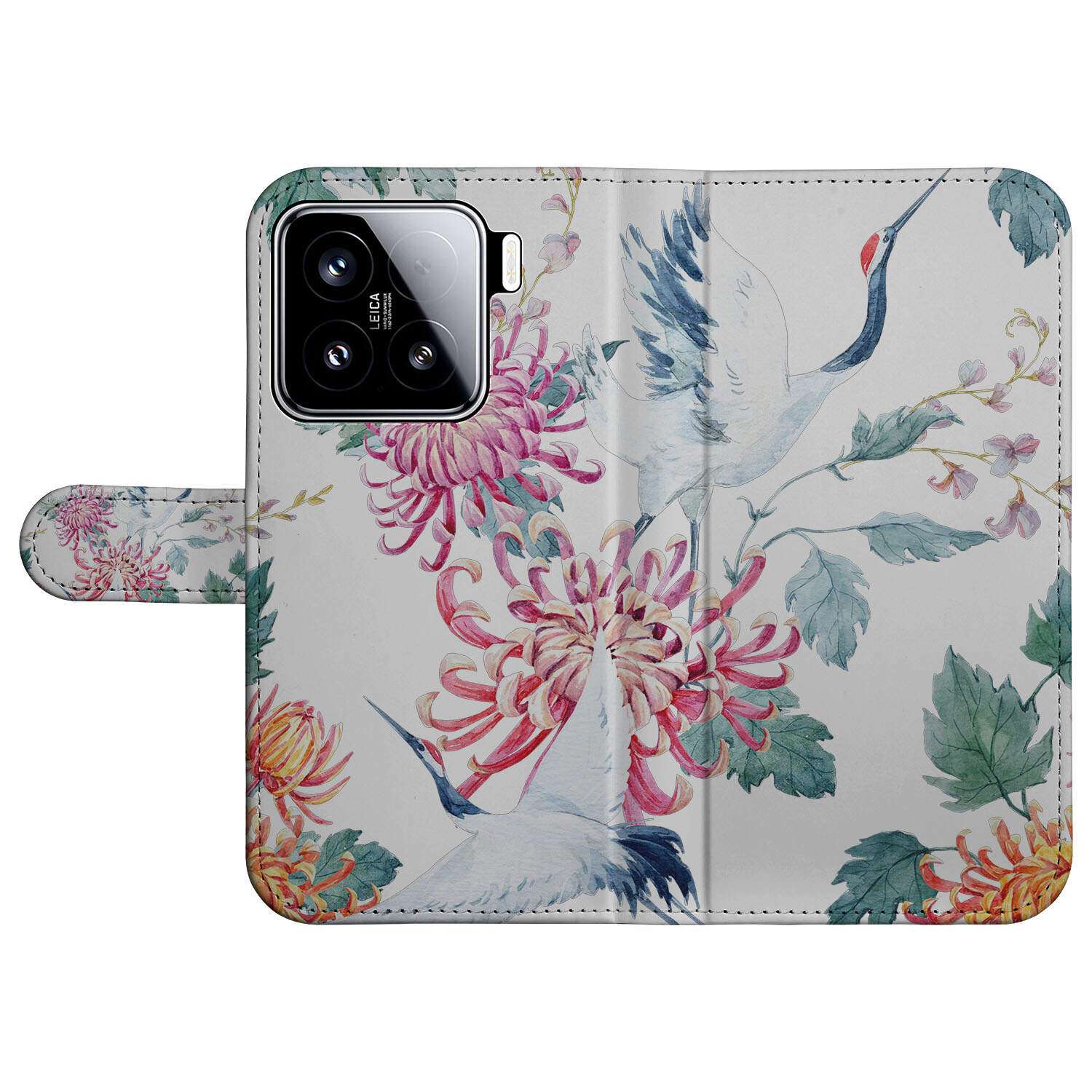 Xiaomi 15 Telefoonhoesje met Pasjes Bird Flowers book case design vooraanzicht