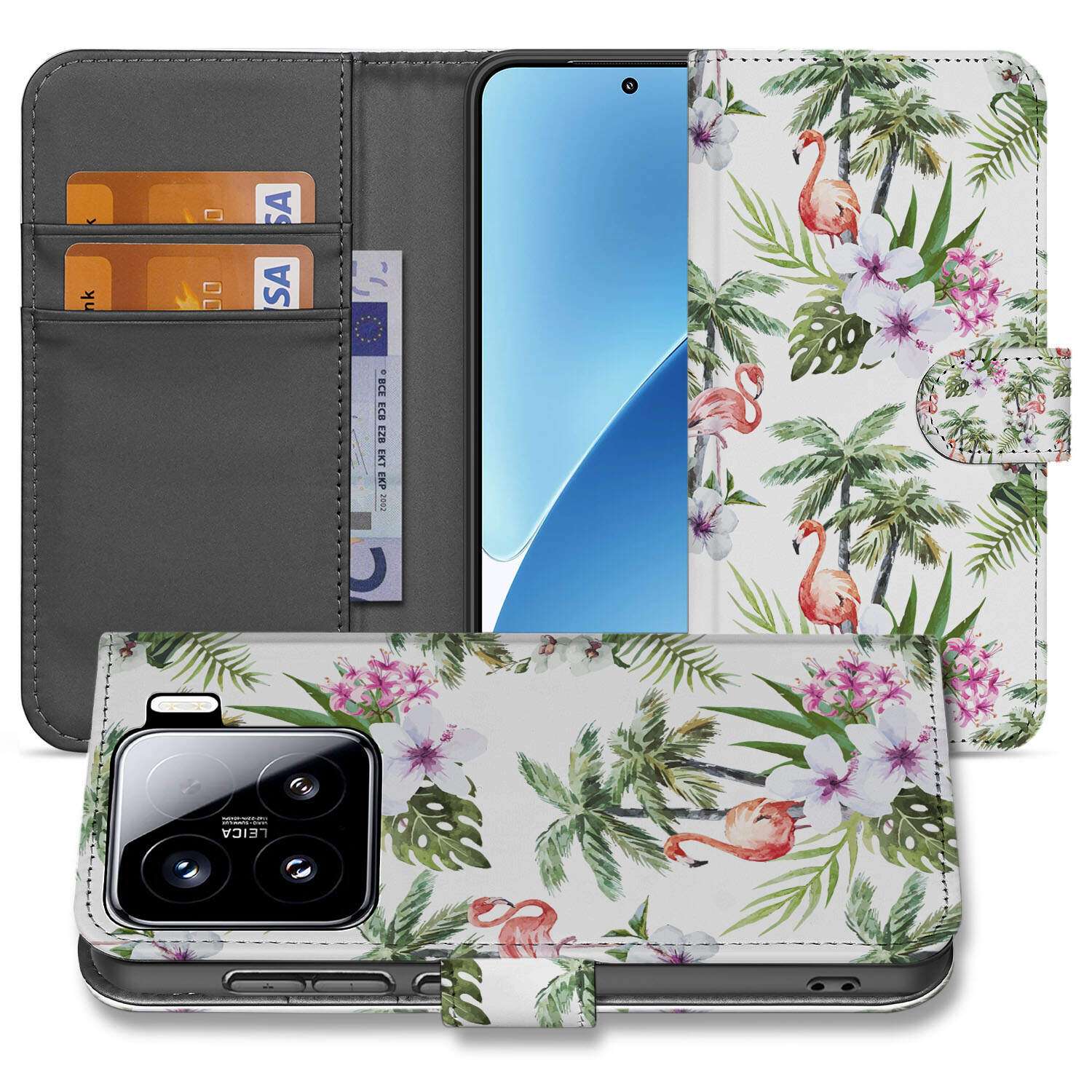 Xiaomi 15 Telefoonhoesje met Pasjes Flamingo Palms book case design voorzijde