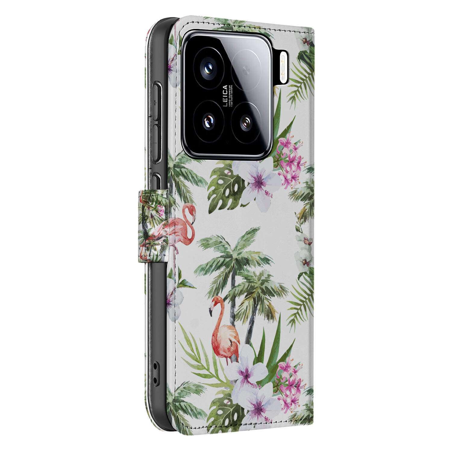 Xiaomi 15 Telefoonhoesje met Pasjes Flamingo Palms vooraanzicht