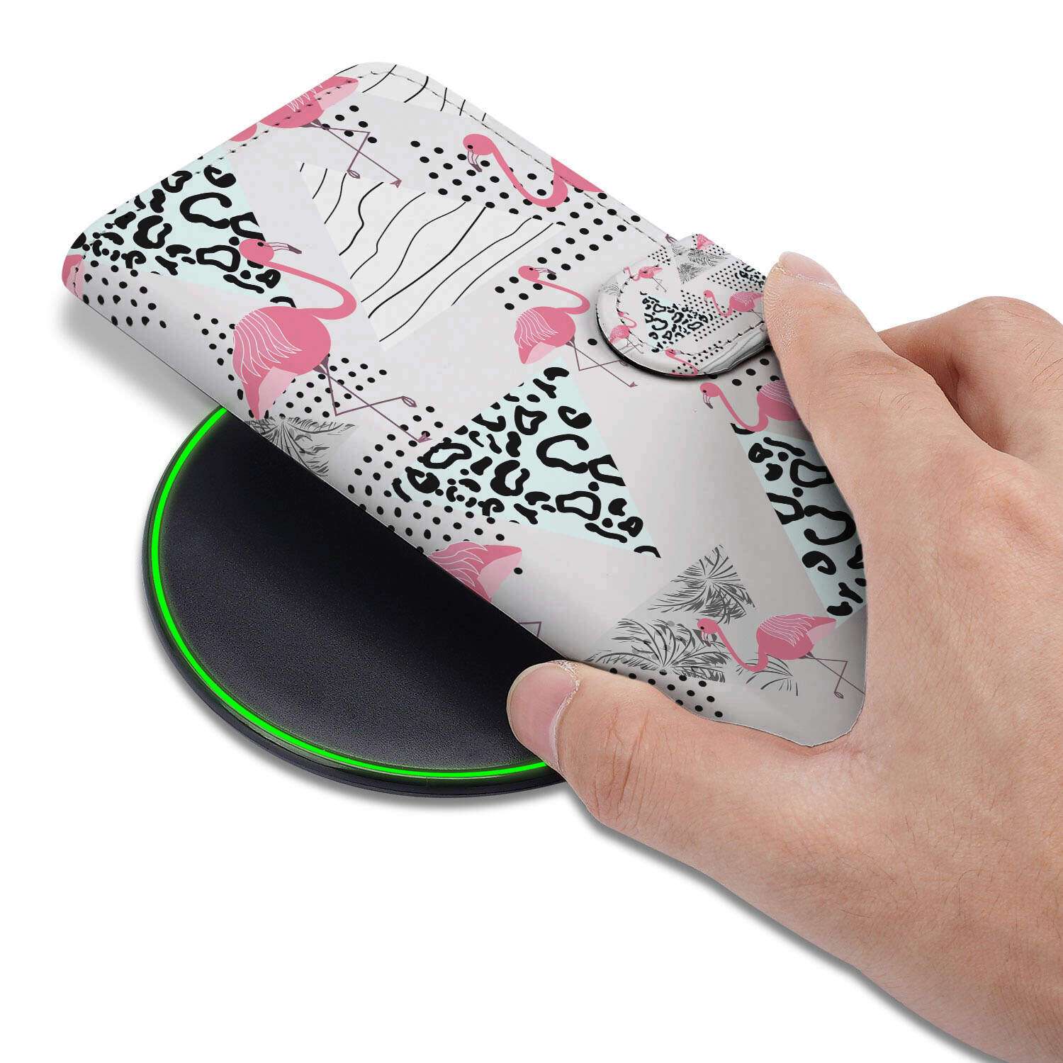 Xiaomi 15 telefoonhoesje met pasjes flamingo triangle hand aanzicht