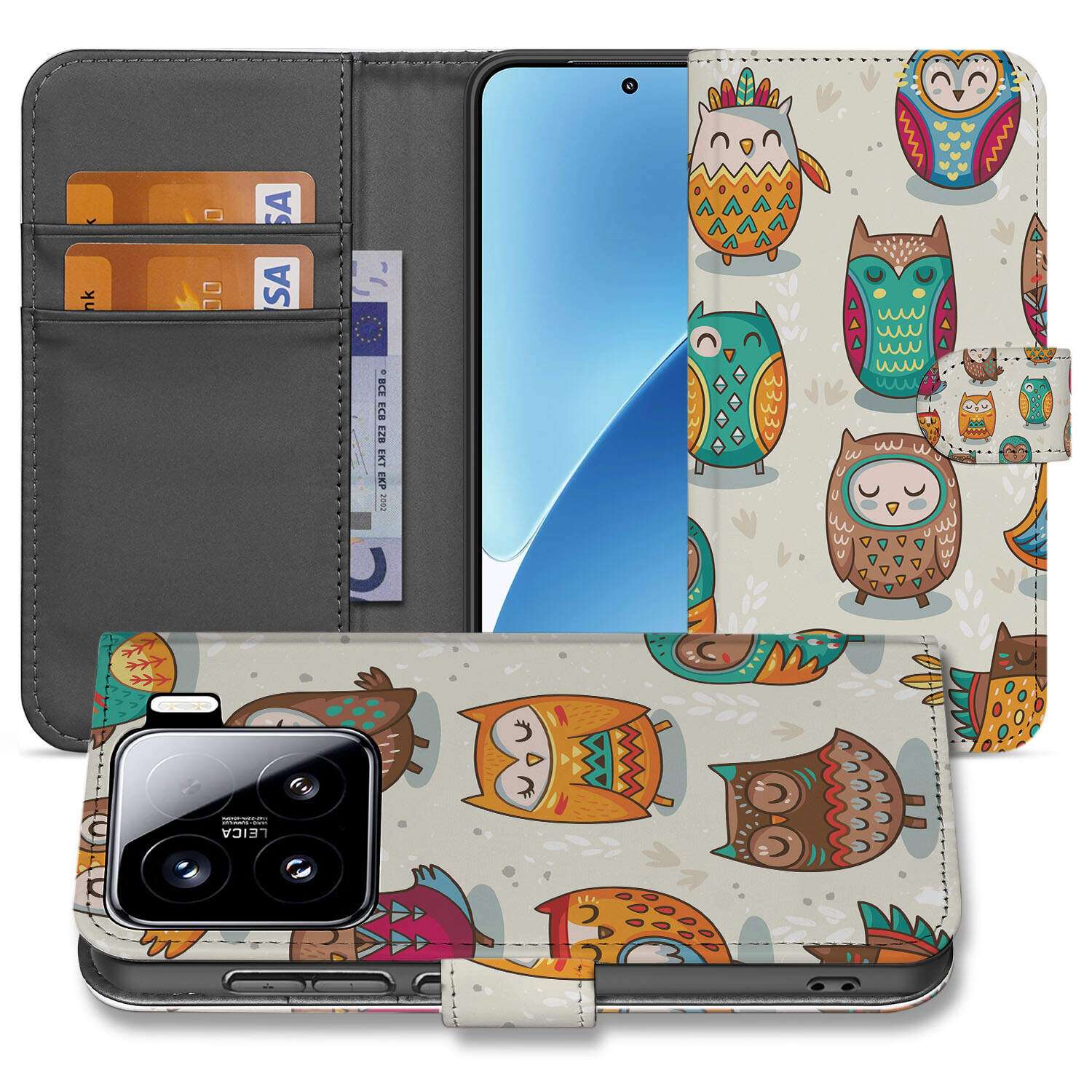 Xiaomi 15 Telefoonhoesje met Pasjes Vrolijke Uilen bookcase design voorkant aanzicht