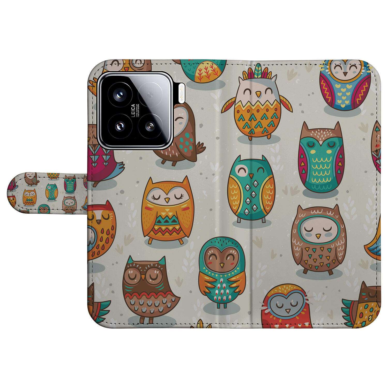 Xiaomi 15 Telefoonhoesje met Pasjes Vrolijke Uilen book case vrolijke uilen aanzicht