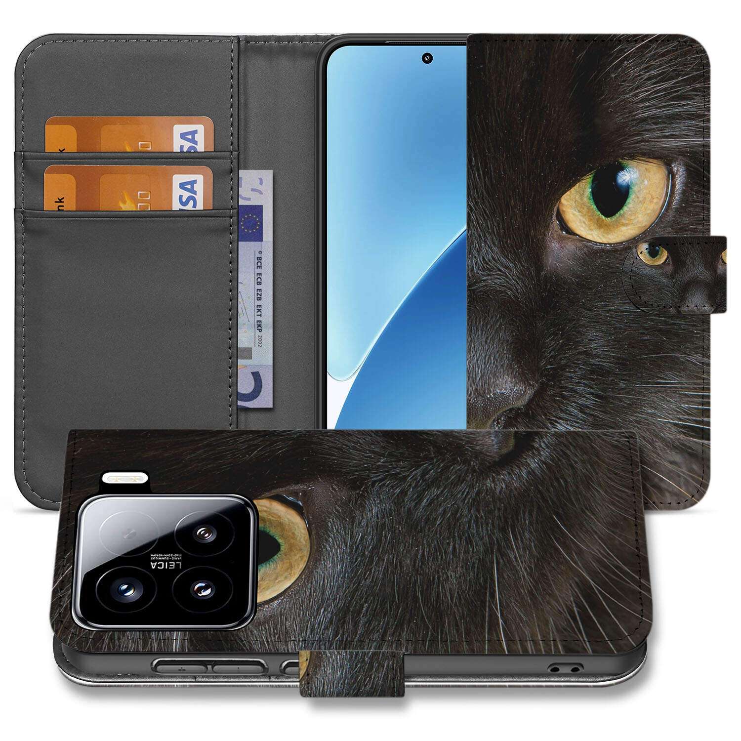 Xiaomi 15 Telefoonhoesje met Pasjes Zwarte Kat book case zwart kat aanzicht