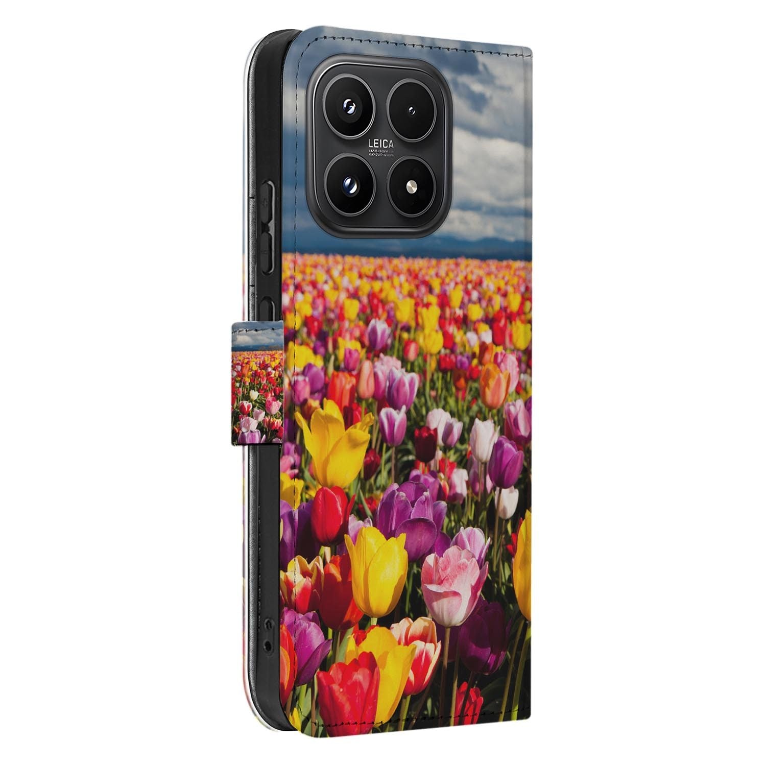Xiaomi 17 bookcase Tulpen, zijkant met knopuitsparingen