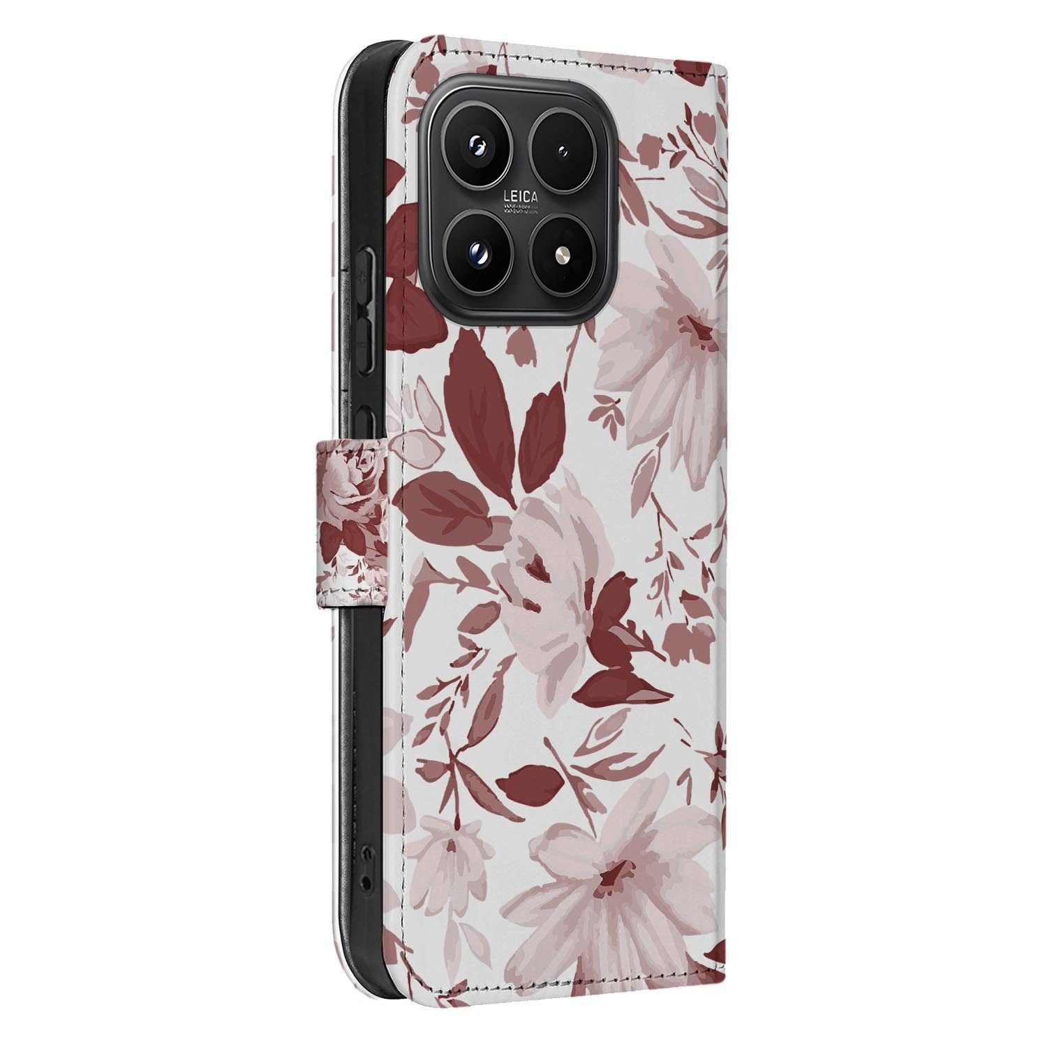 Xiaomi 17 bookcase Watercolor Flowers, zijkant met knopuitsparingen
