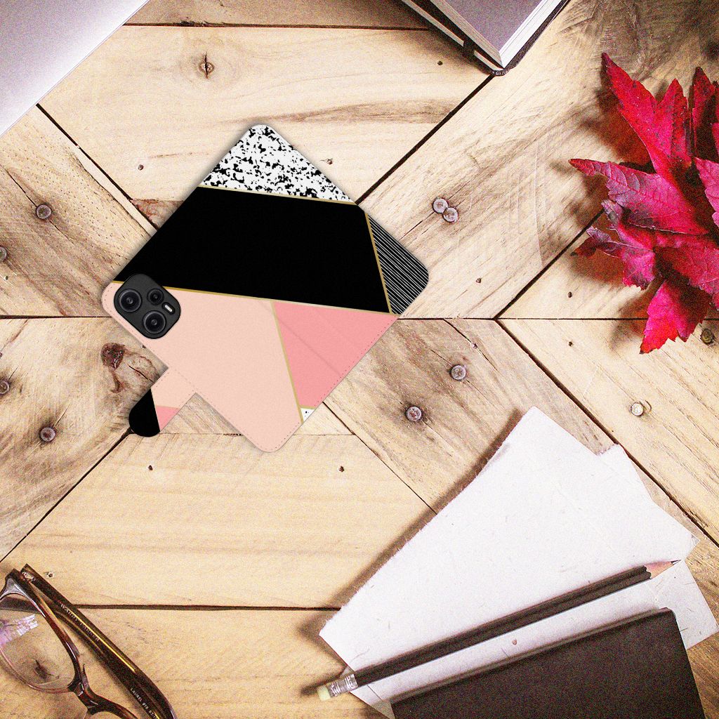 Xiaomi Poco F5 Book Case Zwart Roze Vormen geometrisch design bovenaanzicht