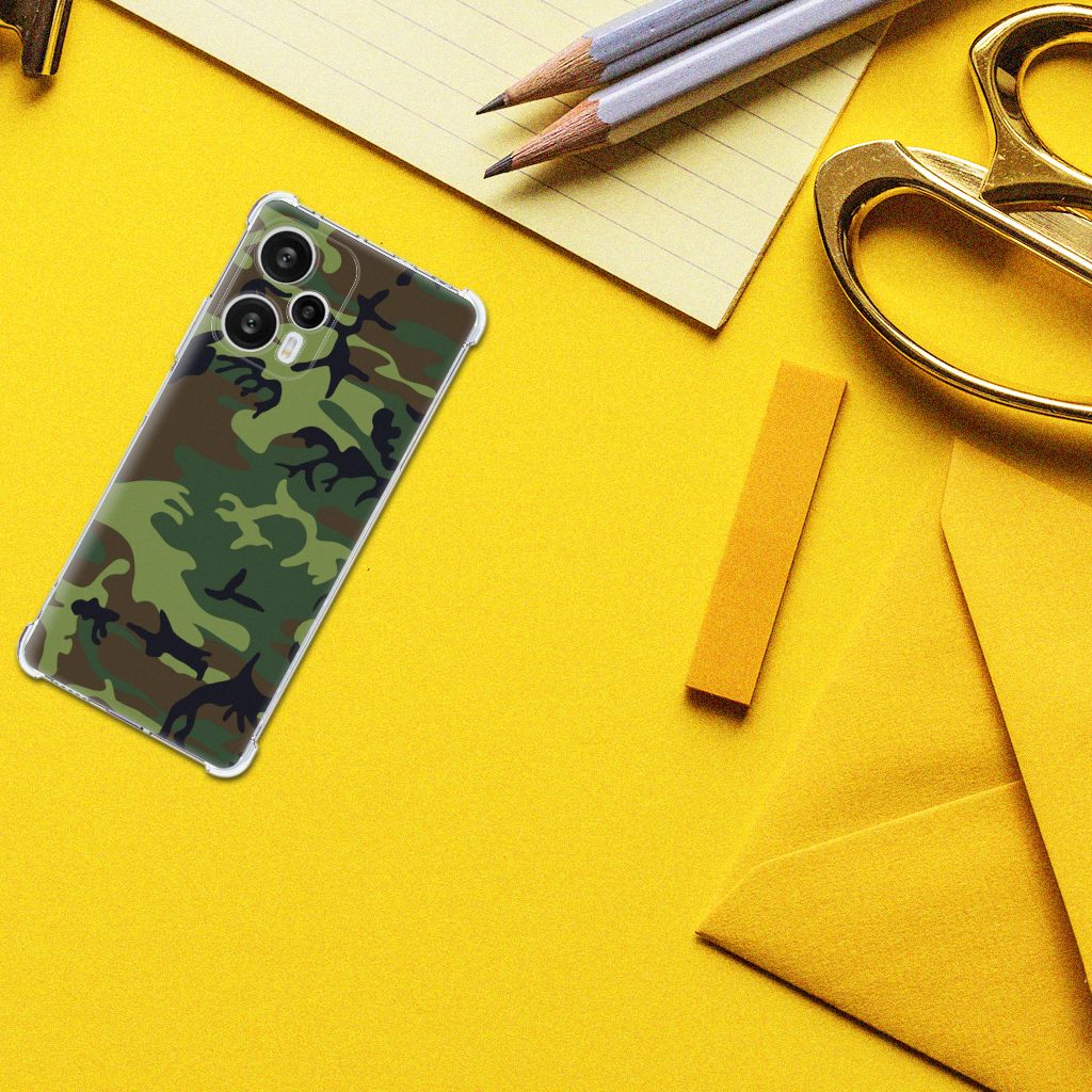 Xiaomi Poco F5 Doorzichtige Silicone Hoesje Army Dark camouflage design bovenaanzicht