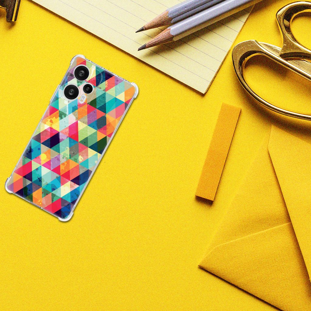 Xiaomi Poco F5 Doorzichtige Silicone Hoesje Geruit kleurrijk design bovenaanzicht