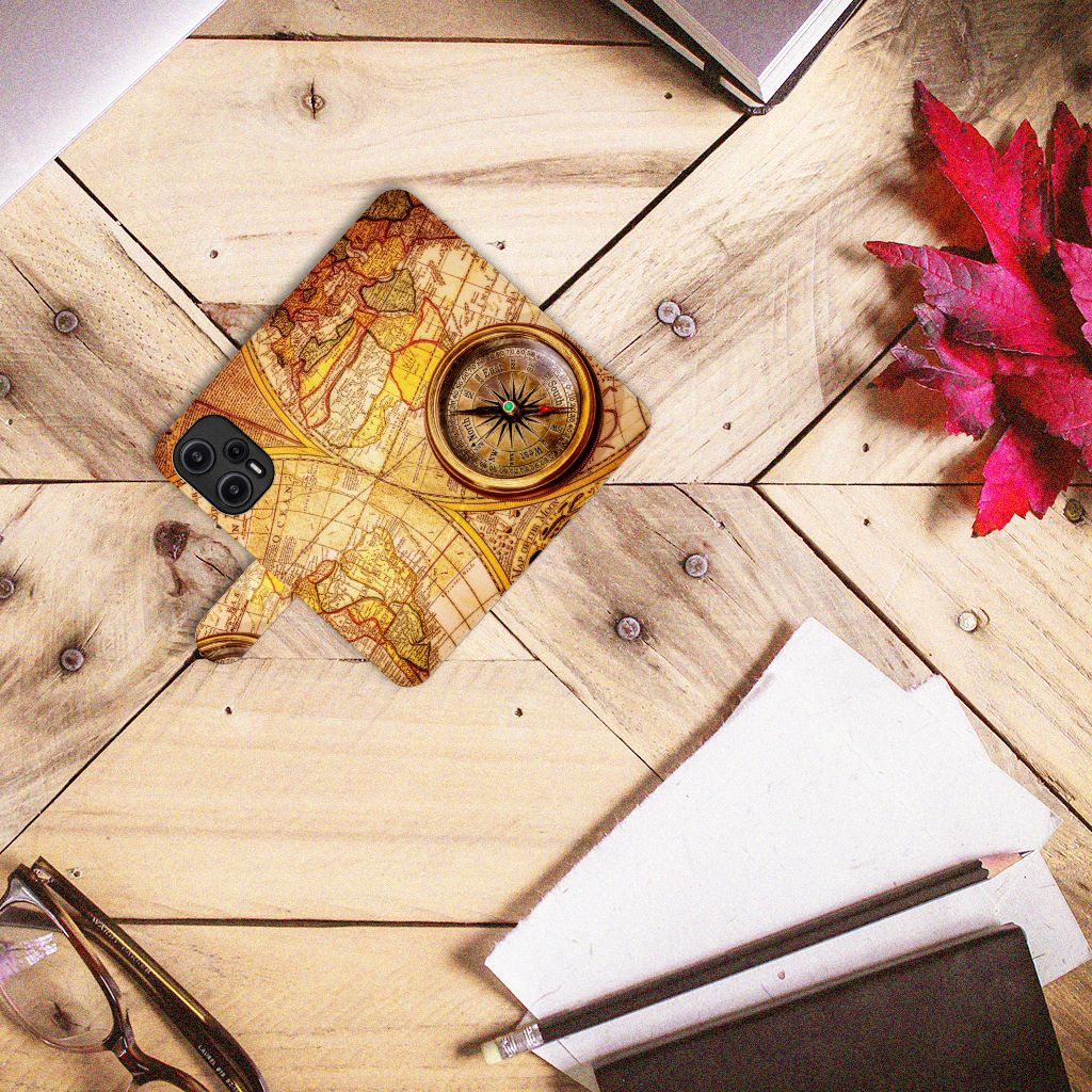 Xiaomi Poco F5 Flip Cover Kompas met een vintage wereldkaart design en kompas voor bescherming en uitstraling 🎁