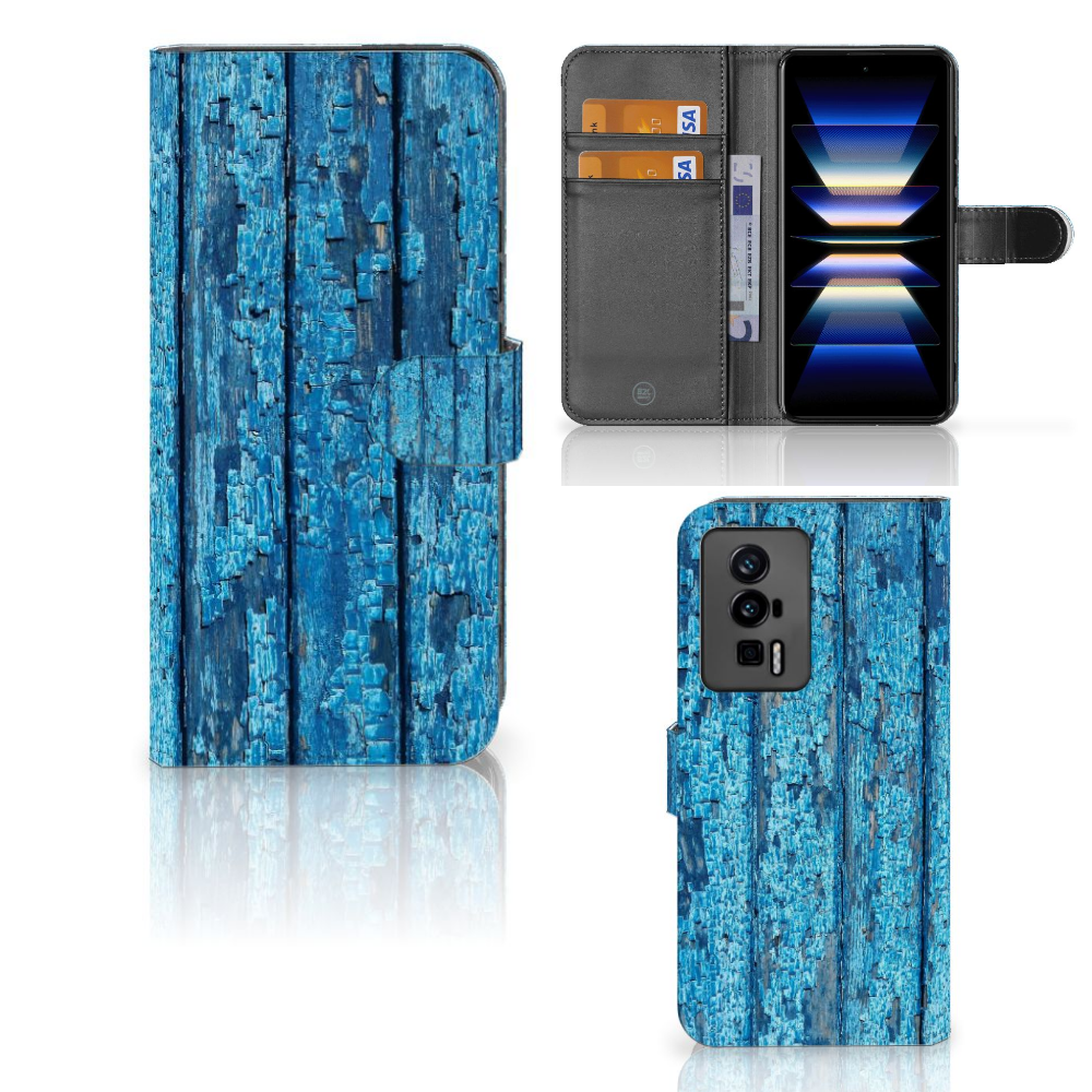 Xiaomi Poco F5 Pro Book Style Case Wood Blue design blauw hout aanzicht
