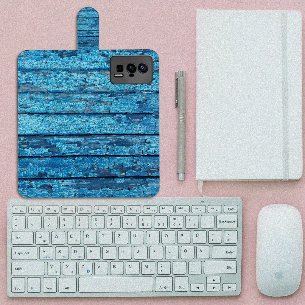 Xiaomi Poco F5 Pro Book Style Case Wood Blue houten blauw design bovenaanzicht