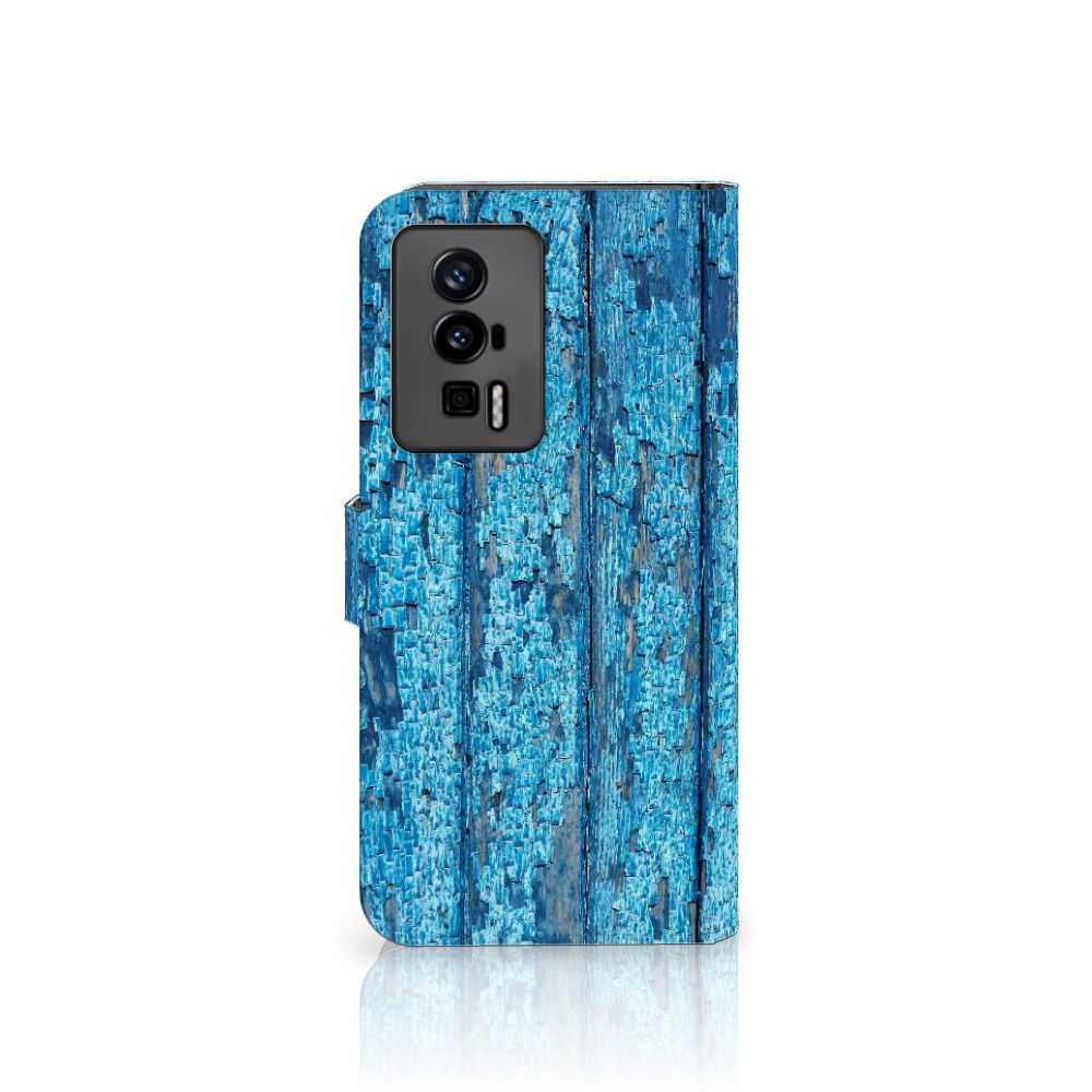 Xiaomi Poco F5 Pro Book Style Case Wood Blue boekenkoffer blauw hout aanzicht