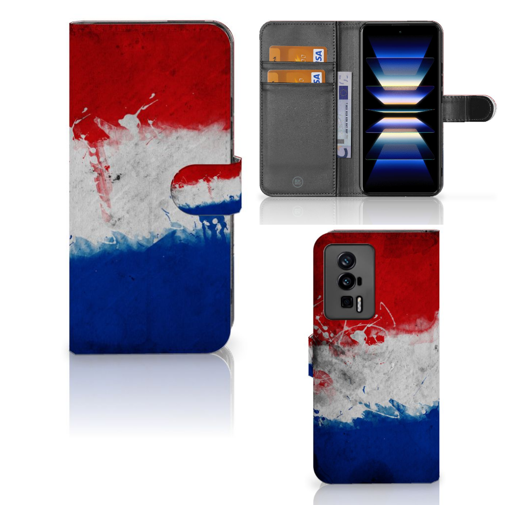 Xiaomi Poco F5 Pro Bookstyle Case Nederland met artistiek design van de Nederlandse vlag en vakjes voor pasjes.