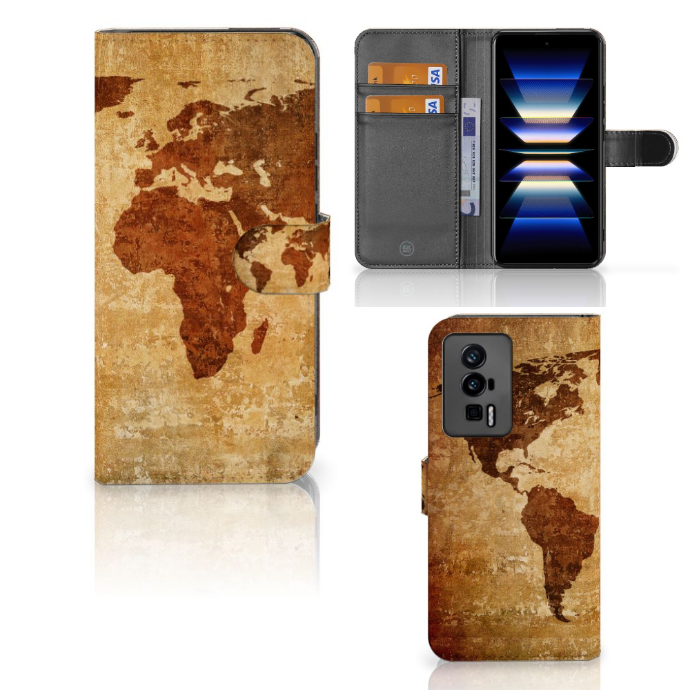 Xiaomi Poco F5 Pro Flip Cover Wereldkaart smartphone hoes wereldkaart design aanzicht