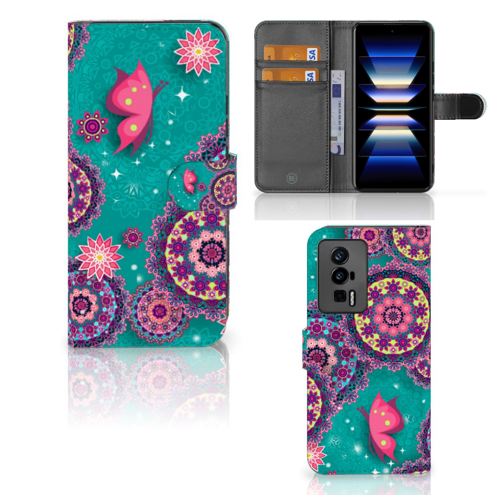 Xiaomi Poco F5 Pro Hoesje Cirkels en Vlinders bookstyle case design kleuren aanzicht