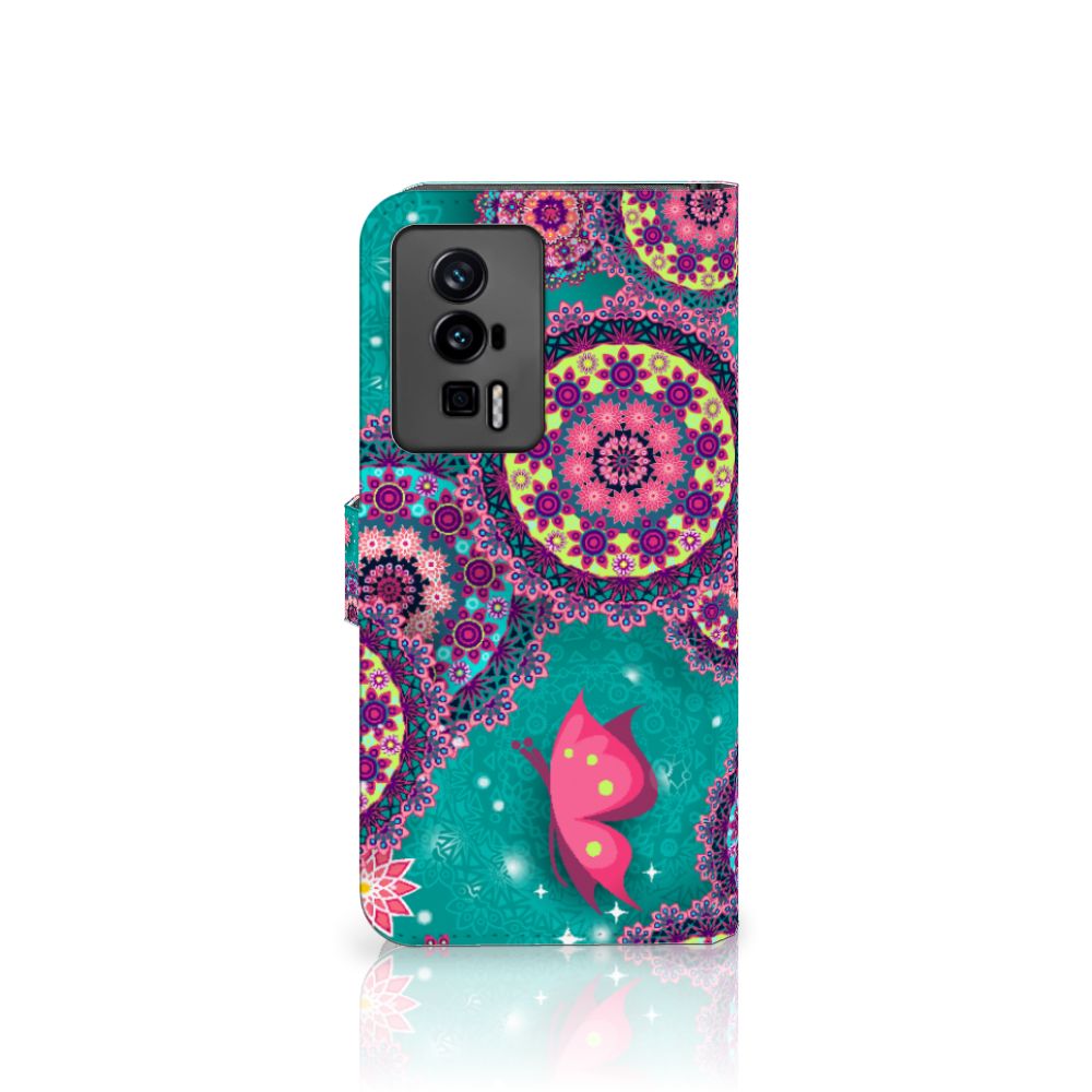 Xiaomi Poco F5 Pro Hoesje Cirkels en Vlinders bookstyle case design vlinders cirkels aanzicht