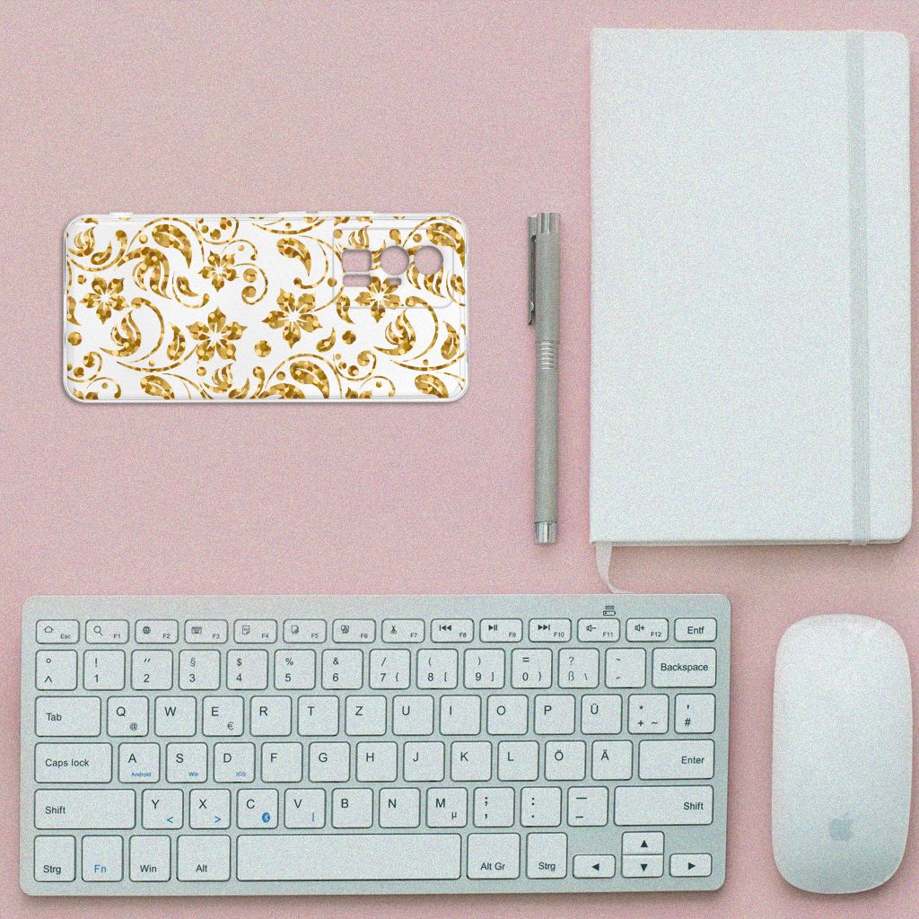 Xiaomi Poco F5 Pro TPU Case Gouden Bloemen bovenaanzicht toetsenbord muis notitieboek pen