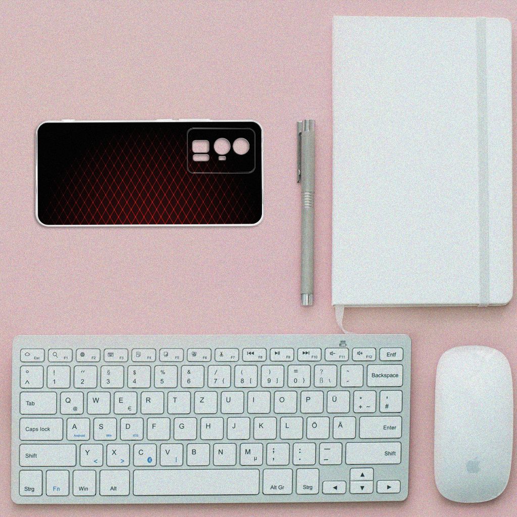 Xiaomi Poco F5 Pro TPU bumper Geruit Rood bovenaanzicht toetsenbord muis notitieboek